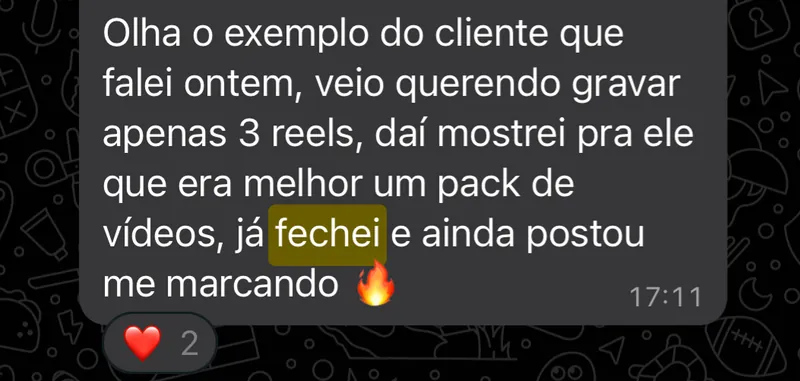 Print: cliente que queria 3 reels fecha um pack de vídeos